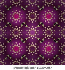 Golden pattern on purple, yellow and white colors with golden elements. Traditional orient ornament. Classic vintage background. Ornamental classic vector golden pattern.