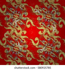 Golden pattern on a red background with golden elements. Luxury, royal and Victorian concept. Ornate decoration. Vector vintage baroque floral in gold.