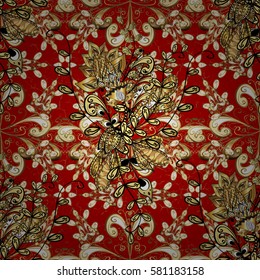 Golden pattern on red background with golden elements. Vintage pattern on red background with golden elements. Christmas, snowflake, new year.