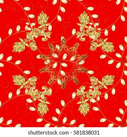 Golden pattern on red background with gold elements. Seamless golden vector illustration. Golden floral ornament brocade textile pattern, glass pattern, Metal with floral elements.