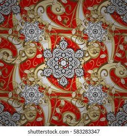 Golden pattern on red background with golden elements. Vector golden textile print. Floral tiles. Islamic design. Oriental ornament.
