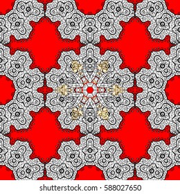 Golden pattern on red background with golden elements. Vector golden seamless pattern. Flat hand drawn vintage collection. Backdrop, fabric, gold wallpaper.