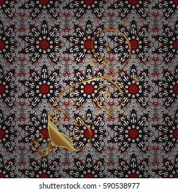 Golden pattern on red background with golden elements. Vector geometric background. For your design, wallpaper. Golden color seamless illustration.