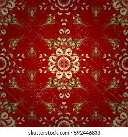 Golden pattern on red background with golden elements. Classic golden pattern. Vector traditional orient ornament.