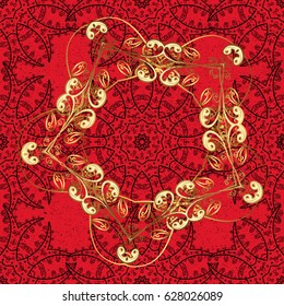 Golden pattern on red background with golden elements. Vintage pattern on red background with golden elements. Christmas, snowflake, new year.