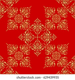 Golden pattern on red background. Luxury gold seamless pattern with abstract vector elements.