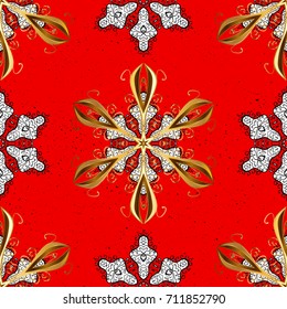 Golden pattern on red background with white doodles. Vector white pattern. Ornamental white textured curls in oriental style arabesques.