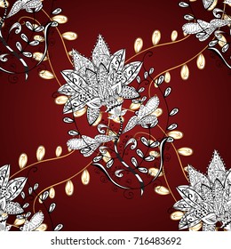 Golden pattern on red, brown and white colors with golden elements. Vector oriental ornament. Traditional classic golden pattern. Ornamental oriental ornament in the style of baroque.