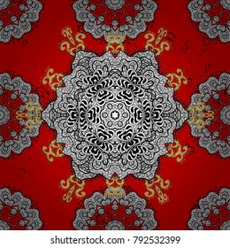 Golden pattern on red colors with golden elements. Seamless vintage pattern on red colors with golden elements. Christmas, snowflake, new year.