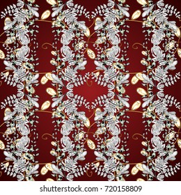 Golden pattern on red, white and brown colors with white doodles. Vector golden pattern. Ornamental golden textured curls in oriental style arabesques.