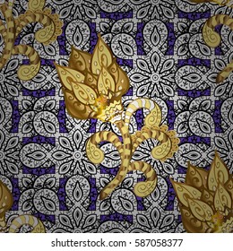 Golden pattern on violet background with golden elements. Backdrop, fabric, gold wallpaper. Vector golden seamless pattern. Flat hand drawn vintage collection.