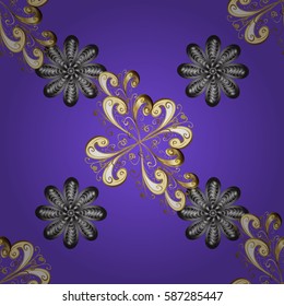 Golden pattern on violet background with golden elements. Seamless classic golden pattern. Vector traditional orient ornament.
