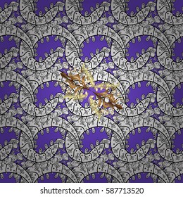 Golden pattern on violet background with golden elements. Seamless damask classic white and golden pattern. Vector abstract background with repeating elements.