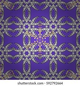 Golden pattern on violet background with golden elements. Ornate vector decoration. Seamless damask pattern background for wallpaper design in the style of Baroque.