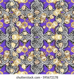 Golden pattern on violet background with golden elements. Backdrop, fabric, gold wallpaper. Vector golden seamless pattern. Flat hand drawn vintage collection.