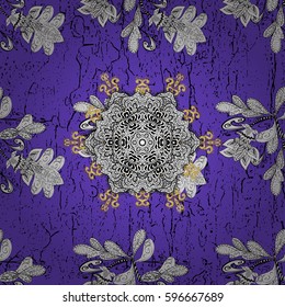 Golden pattern on violet background with golden elements. Ornate vector decoration. Seamless damask pattern background for wallpaper design in the style of Baroque.