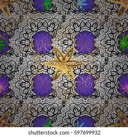 Golden pattern on violet background with golden elements. Vector vintage baroque floral pattern in gold. Luxury, royal and Victorian concept. Ornate decoration.