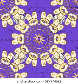 Golden pattern on violet background with golden elements. Ornate decoration. Vector vintage baroque floral seamless pattern in gold. Luxury, royal and Victorian concept.