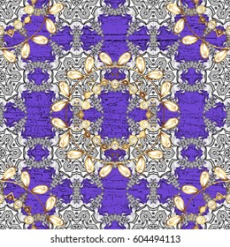 Golden pattern on violet background with golden elements. Ornate decoration. Vector vintage baroque floral seamless pattern in gold. Luxury, royal and Victorian concept.