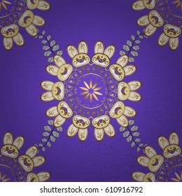 Golden pattern on violet background with golden elements. Seamless vintage pattern on violet background with golden elements. Christmas, snowflake, new year.