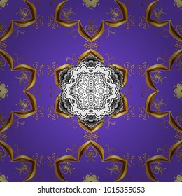 Golden pattern on violet, brown and yellow colors with golden elements. Seamless classic golden pattern. Vector traditional orient ornament.