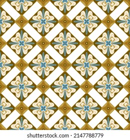 Golden pattern on a white background from abstract flowers and squares. Abstract seamless texture. Vector illustration.