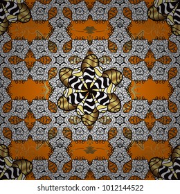 Golden pattern on white, black and orange colors with golden elements. Ornate vector decoration. Seamless damask pattern background for wallpaper design in the style of Baroque.