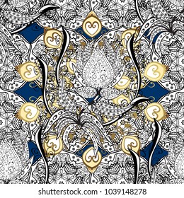 Golden pattern on white, black and gray colors with golden elements. Ornate vector decoration. Seamless damask pattern background for wallpaper design in the style of Baroque.