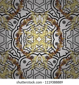 Golden pattern on white, black and neutral colors with golden elements. Classic vintage background. Traditional orient ornament. Ornamental classic vector golden pattern.