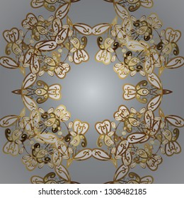 Golden pattern on white and gray colors with golden elements. Backdrop, fabric, gold wallpaper. Vector golden seamless pattern. Flat hand drawn vintage collection.