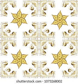 Golden pattern on white, yellow and beige colors with golden elements. Seamless classic golden pattern. Vector traditional orient ornament.