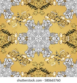 Golden pattern on yellow background with golden elements. Classic golden pattern. Vector traditional orient ornament.