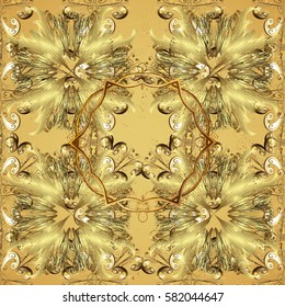 Golden pattern on yellow background with golden elements. Classic vintage background. Traditional orient ornament. Classic vector golden pattern.