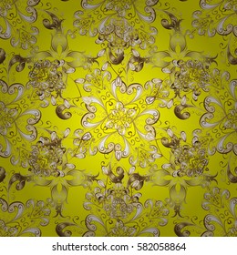 Golden pattern on yellow background with golden elements. Ornate decoration. Vector illustration. Vintage baroque floral seamless pattern in gold. Luxury, royal and Victorian concept.