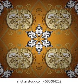 Golden pattern on yellow background with golden elements. Ornate vector decoration. Damask pattern background for wallpaper design in the style of Baroque.
