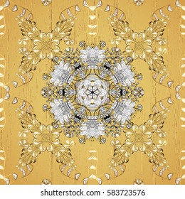 Golden pattern on yellow background with golden elements. Classic golden pattern. Vector traditional orient ornament.