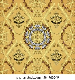 Golden pattern on a yellow background with golden elements. Luxury, royal and Victorian concept. Ornate decoration. Vector vintage baroque floral in gold.
