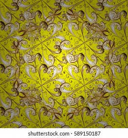 Golden pattern on yellow background with golden elements. Islamic design. Seamless pattern oriental ornament. Golden textile print. Floral tiles. Vector illustration.