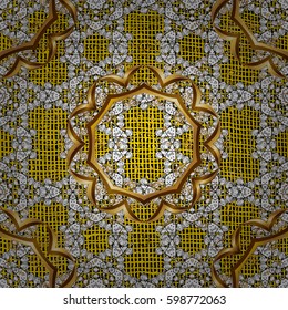 Golden pattern on yellow background with golden elements. Islamic design. Floral tiles. Pattern oriental ornament. Vector golden textile print.