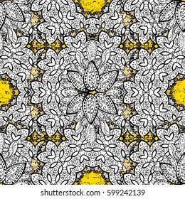 Golden pattern on yellow background with golden elements. Vector vintage baroque floral pattern in white. Luxury, royal and Victorian concept. Ornate decoration.