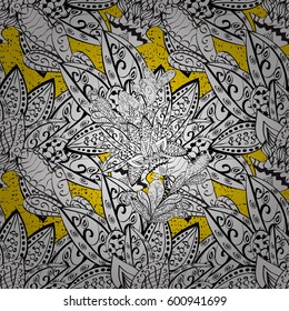 Golden pattern on yellow background with golden elements. Ornate vector decoration. Damask pattern background for wallpaper design in the style of Baroque.