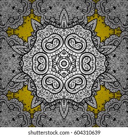 Golden pattern on yellow background with golden elements. Vintage pattern on yellow background with golden elements. Christmas, snowflake, new year.