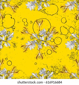 Golden pattern on yellow background with golden elements. Damask classic white and golden pattern. Vector abstract background with repeating elements.