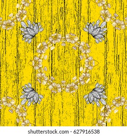 Golden pattern on yellow background with golden elements. Ornate vector decoration. Damask pattern background for wallpaper design in the style of Baroque.