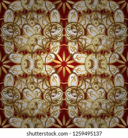 Golden pattern on yellow and beige colors with golden elements. Ornate vector decoration. Seamless damask pattern background for wallpaper design in the style of Baroque.
