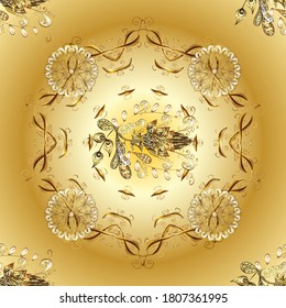 Patrón dorado sobre los colores amarillo y beige con elementos dorados. Impresión textil vectorial dorada. Ornamento oriental sin foco. Baldosas florales. Diseño islámico.