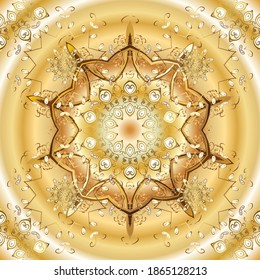 Golden pattern on yellow and beige colors with golden elements. Seamless damask pattern background for wallpaper design in the style of Baroque. Ornate vector decoration.