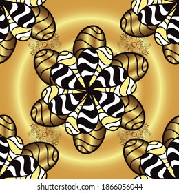 Golden pattern on a yellow and black colors with golden elements. Vector vintage baroque floral seamless pattern in gold. Ornate decoration. Luxury, royal and Victorian concept.