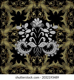 Patrón dorado en colores amarillos, negros y neutros con doodles blancos. Arabescos de estilo oriental. Patrón dorado vectorial. Rulos de textura dorados sin inconveniente.