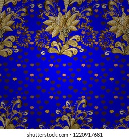 Golden pattern on yellow, blue and brown colors with golden elements. Islamic design. Vector golden textile print. Floral tiles. Seamless pattern oriental ornament.